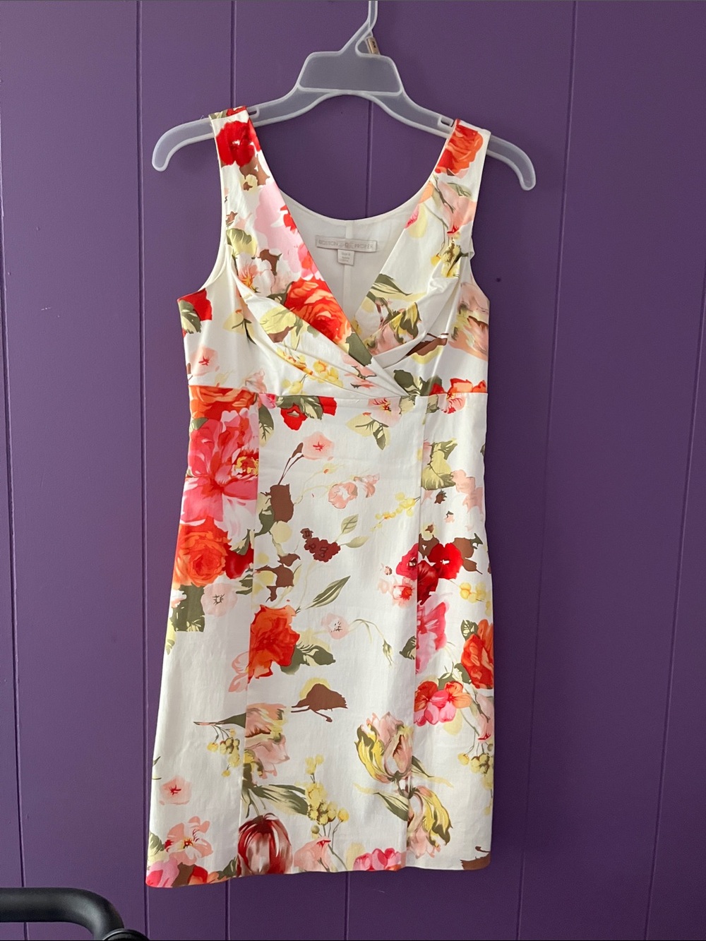 Boston Proper White Floral Midi Dress with Red & Pink Blooms size 4